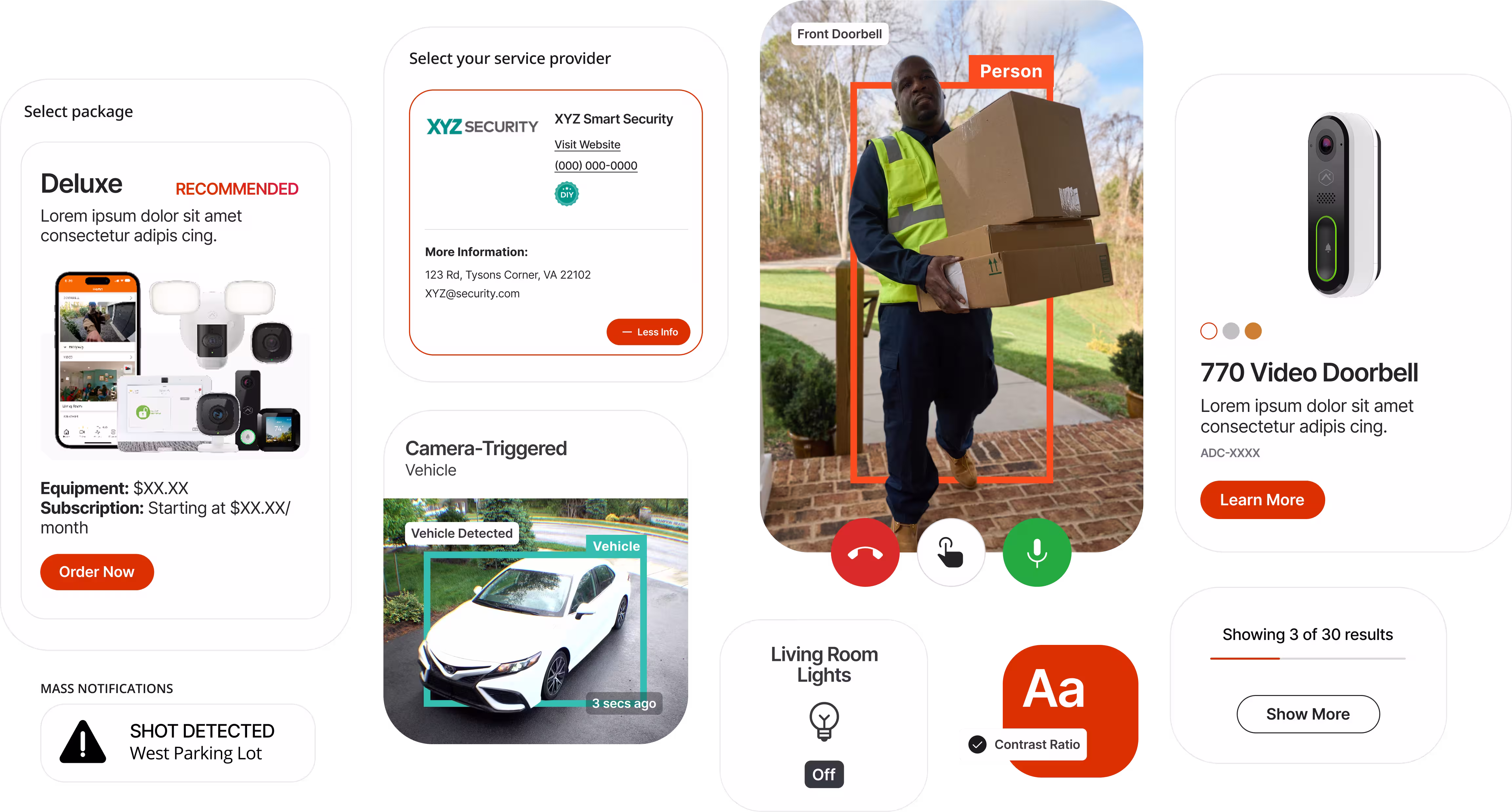 Product UI showcase — Alarm.com doorbell, package selector, camera feeds